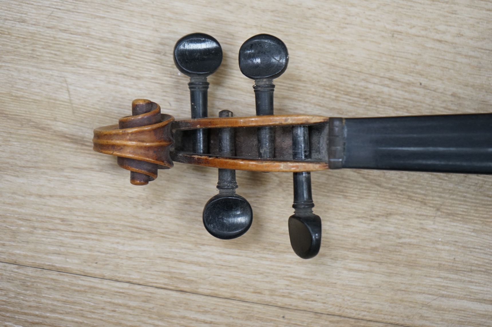 A late 19th century German violin (c.1880), with label reading ‘Georg Krywalski 1917’, in wood case.